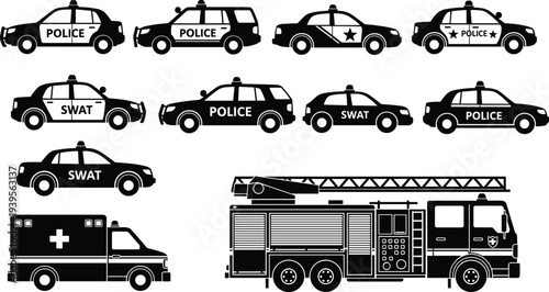 Collection of emergency vehicle silhouettes, police cars, SWAT trucks, ambulance, fire truck artwork, law enforcement and rescue design illustration
