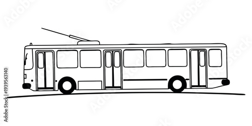 A black and white line drawing of a trolleybus