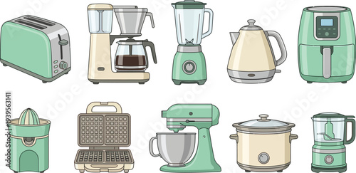 Small countertop kitchen appliances with toaster coffee maker blender kettle air fryer in mint green cream silver for modern home branding design