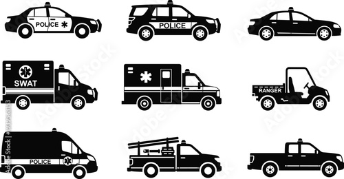 Collection of emergency vehicle silhouettes, police cars, SWAT van, ambulance, ranger utility truck, service transport artwork, rescue design illustration