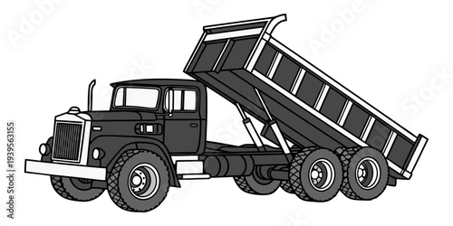 A black and white illustration of a dump truck with its bed raised