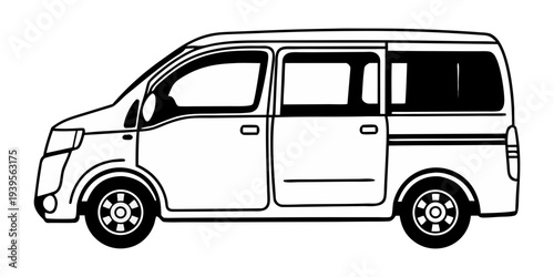 A black and white line drawing of a minivan