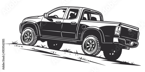 Black and white illustration of a pickup truck on a slope
