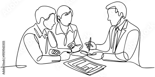 continuous one line drawing Vector illustration of business people discussing at a table