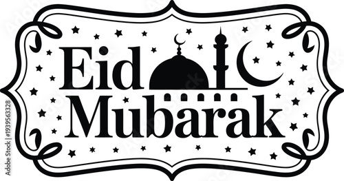 Eid mubarak calligraphy with mosque and crescent moon, Islamic celebration, festive design, stars background