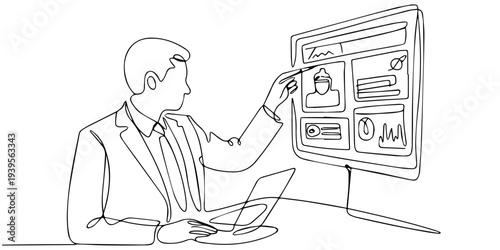 continuous one line drawing Vector illustration of businessman analyzing data on computer screen