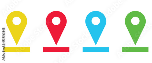 Flat map pin location markers, colorful navigation point icons for travel