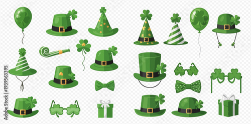 Set of St. Patrick's Day themed green hats, party accessories, and decorations with shamrocks.
