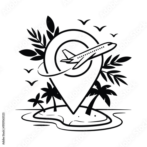 Airplane flying around a map pin icon with tropical island and birds isolated on transparent background