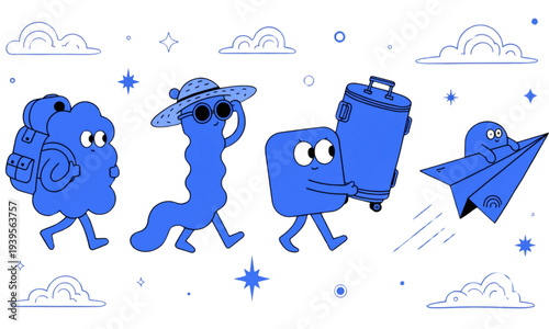 Clean, modern vector illustration of four playful travel-themed icons with vibrant blue characters against a white background, ideal for apps, websites, and marketing.