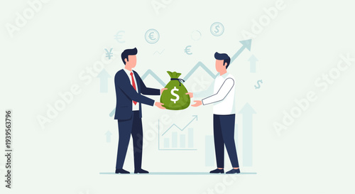 Two businessmen exchanging money bag.