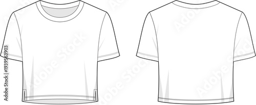 Cropped athletic T-shirt design template. Clean professional mockup front and back view. The illustration highlights key garment construction details such as the ribbed crew neckline & short sleeves.