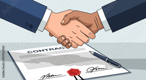 Two businessmen shaking hands over contract.