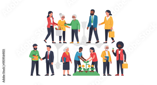 Diverse Community Collaboration and Social Responsibility: Helping, Volunteering, and Sustainable Living - Flat Vector Illustration