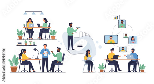 Modern Office & Remote Work Collaboration Illustration: Diverse Business Teams, Hybrid Workplace, Online Meetings, and Digital Connectivity