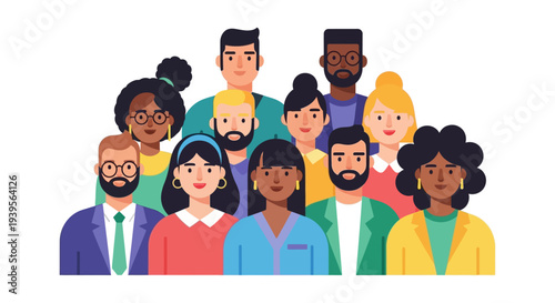 Diverse Group of People Avatars: Inclusive Community, Teamwork & Collaboration. Multi-Ethnic Flat Design Illustration.