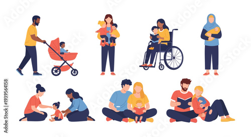Diverse Families and Parenting: Illustrations of happy, multicultural parents with children engaging in various loving activities and daily care.
