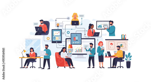 Wallpaper Mural Global Business Team Collaborating Online with Digital Devices & Data Analytics Network - Modern Remote Work & Project Management Illustration Torontodigital.ca