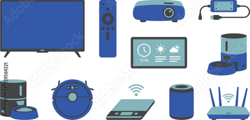 Smart lifestyle entertainment icons with smart TV remote projector LED strip in royal blue graphite muted cyan for connected home branding design