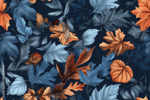 Design an elegant pattern featuring hand-drawn leaves in various shades of blue, complemented by subtle red and orange accents on a dark navy background. 