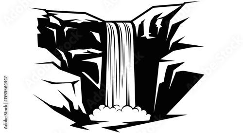 Stylized Waterfall Illustration: Black and White Graphic Design