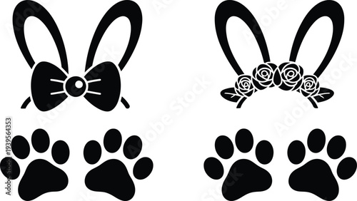 Bunny ears with bow tie and floral hat, along with two pairs of paw prints