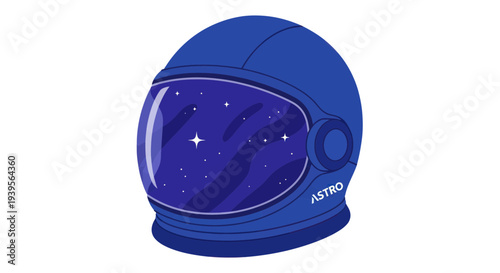 Blue astronaut helmet reflecting starry cosmos and nebula, isolated on white