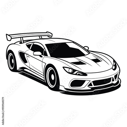 Sleek modern sports car with a large rear spoiler and aerodynamic body kit isolated on a white background