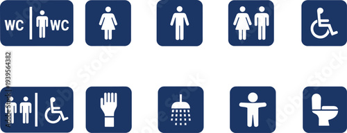 Collection of white restroom and accessibility on dark blue background