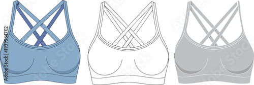Three sports bras with crisscross back in blue, white, and gray colors blue sports bra white sports bra
