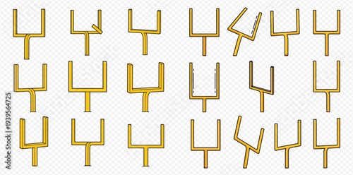 Collection of golden football goalposts in various angles and conditions, isolated on transparent background for sports design.