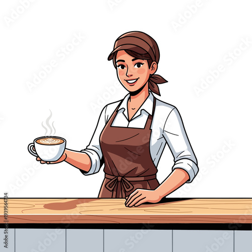 Smiling barista woman in apron serving hot coffee cup at cafe counter, illustration