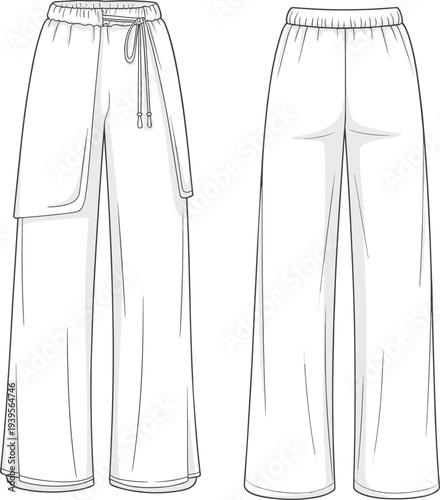 Two pairs of wide legged white pants with drawstrings and pockets shown from front and back views