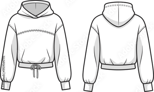 White Cropped Hoodie with Drawstring Front and Long Sleeves Shown from Front and Back Views