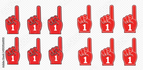 Set of red foam fingers with number one symbol, representing sports fans and achievement.