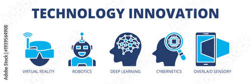 Technology Innovation web banner icon vector illustration concept for digital innovation with icons of virtual reality, robotics, deep learning, cybernetics and sensory technology.