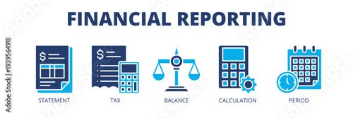 Financial Reporting web banner icon vector illustration concept for accounting compliance with icons of financial statements, taxation, balance sheet, calculation and reporting period.