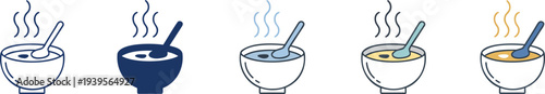 Five bowls of hot soup with spoons and steam