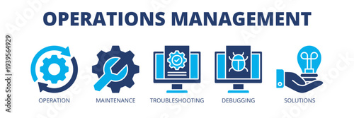 Operations Management web banner icon vector illustration concept for operational efficiency with icons of operations, maintenance, troubleshooting, debugging and solutions.