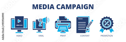 Media Campaign web banner icon vector illustration concept for advertising strategy with icons of video marketing, viral content, print media, content creation and promotion.