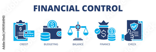 Financial Control web banner icon vector illustration concept for budget control with icons of credit management, budgeting control, balance sheet management, finance monitoring and verification.