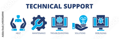 Technical Support web banner icon vector illustration concept for IT services with icons of help desk, maintenance service, troubleshooting, technical solutions and debugging.