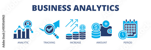 Business Analytics web banner icon vector illustration concept for data analysis with icons of analytics, tracking, growth metrics, financial data and reporting period.
