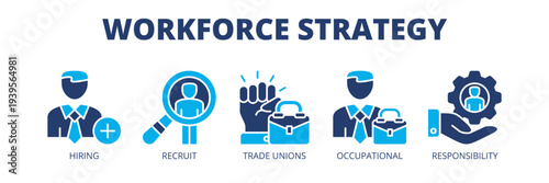 Workforce Strategy web banner icon vector illustration concept for workforce planning with icons of hiring, recruitment, labor unions, occupational management and corporate responsibility.