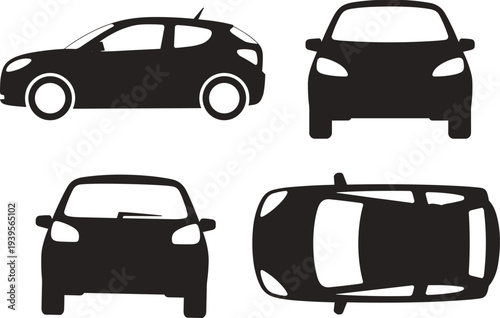 Car silhouette vector set showing front, side and top views of modern automobile isolated on white background for transport design
