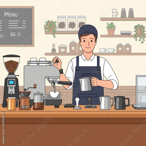 Barista making coffee at counter with espresso machine, grinder, and milk pitcher