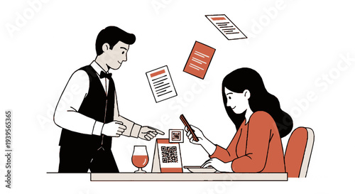 Waiter serving woman with digital menu and qr code payment at modern restaurant table