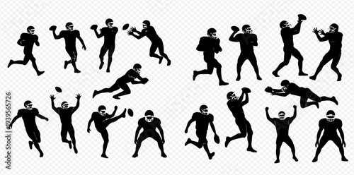 Collection of American Football Player Silhouettes in Various Dynamic Poses and Actions.