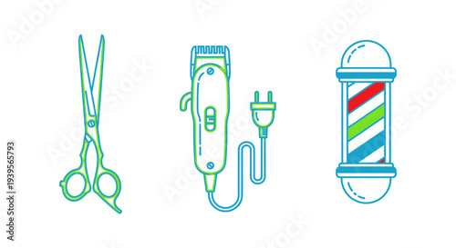 Barber Tools: Scissors, Clipper, and Barber Pole - Vector Icons