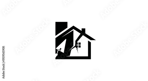 Cracked House Silhouette Icon, Home Damage Symbol, Real Estate Risk Concept